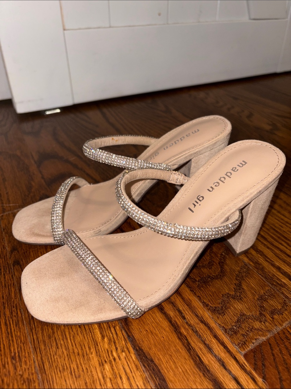 Madden Girl Taupe Crystal-Strap Block Heel Sandals